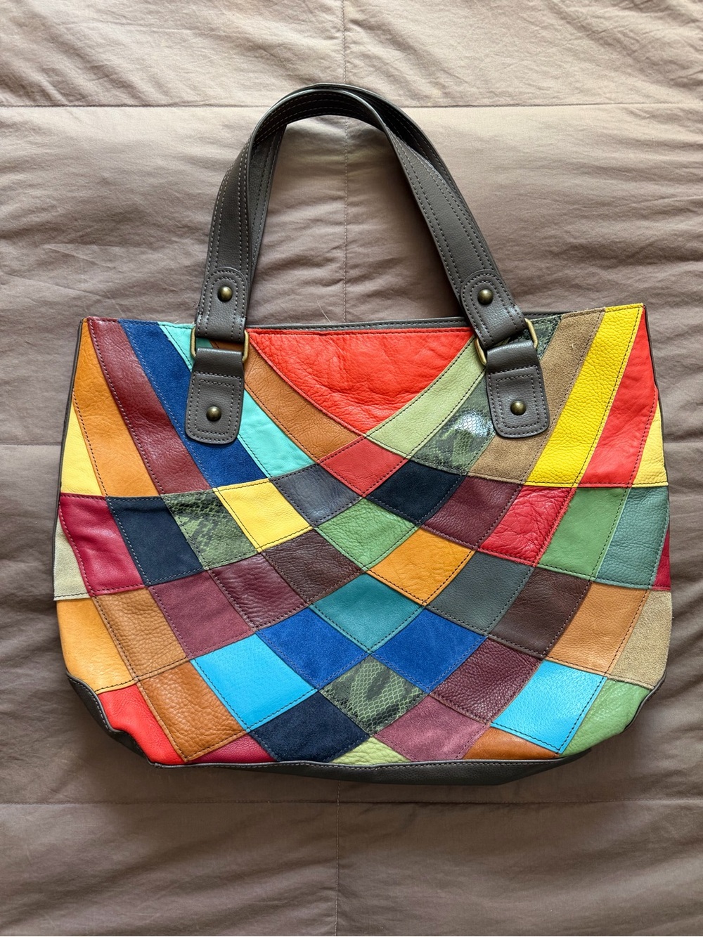 Wilsons Leather Multicolor Patchwork Tote with Dark Brown Handles